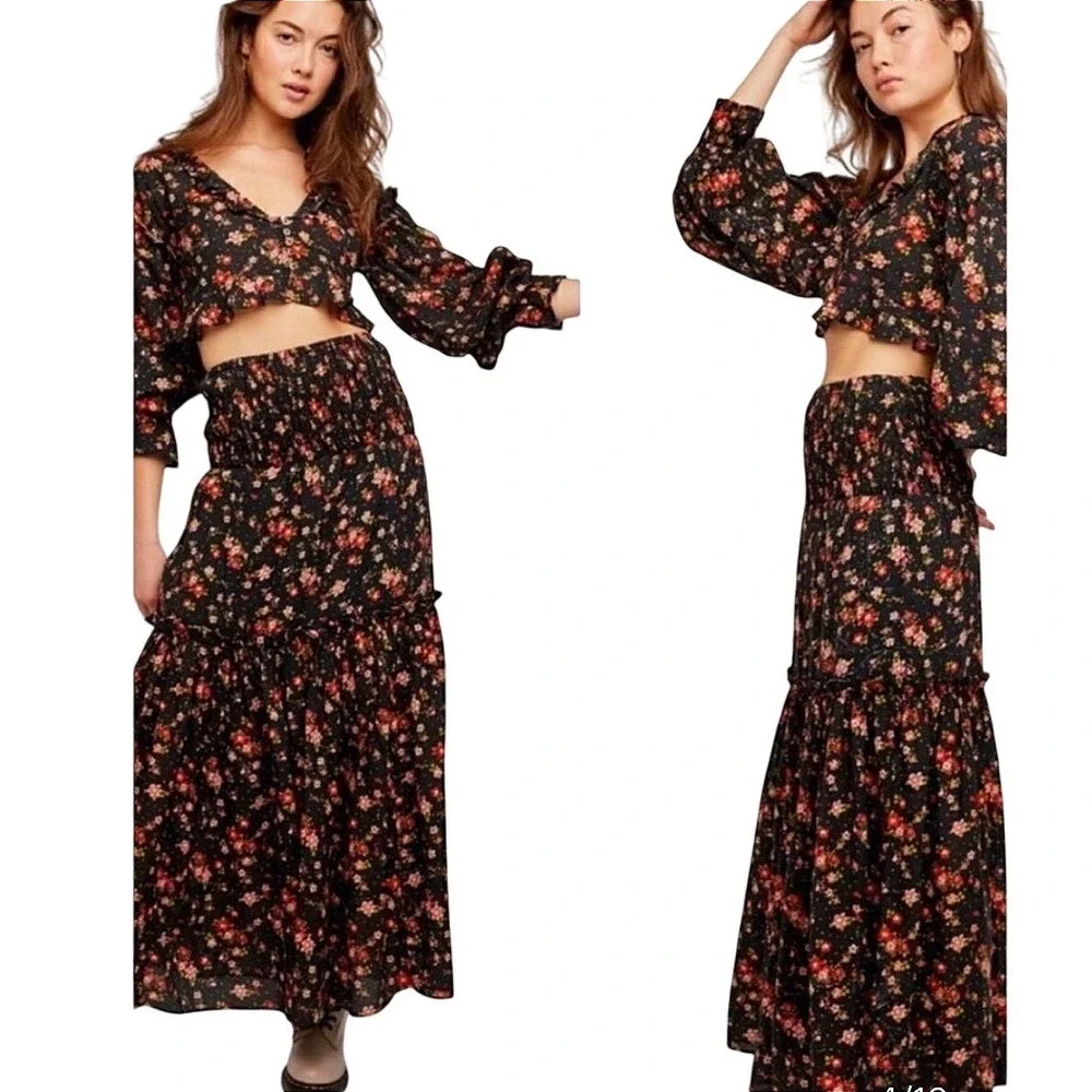 Free People Secret Garden Set Boho Black Floral Tiered Maxi Skirt Set Black S/M